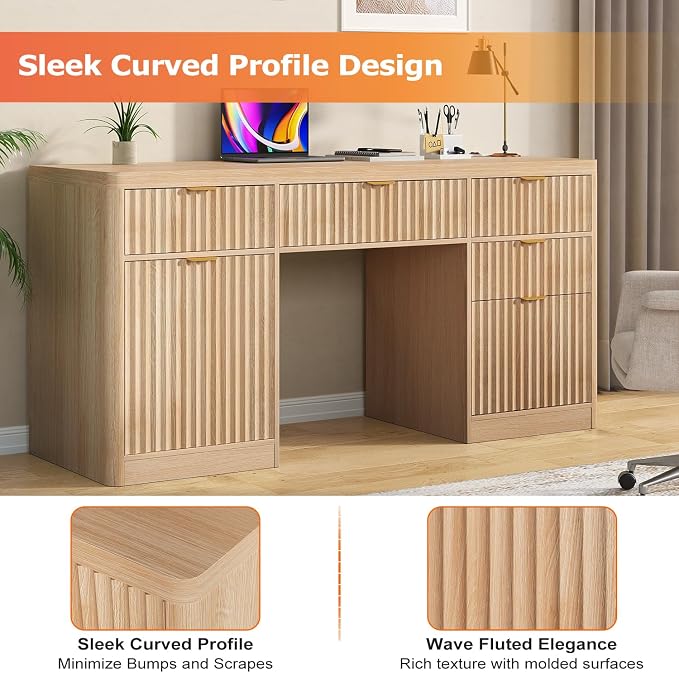 knoworld Fluted Executive Desk with Charging Station, 58" Wood Home Office Desk with 4 Drawers, 1 File Cabinet, 1 Storage Cabinet, Modern Writing Desk for Work, Living Room, Bedroom (Natural)