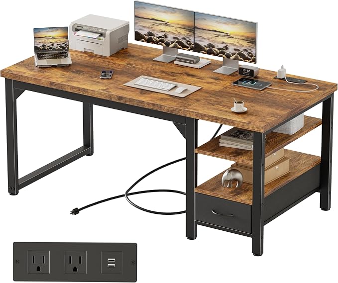 63" Computer Desk with Drawer, 1.2" Thick Reversible Office Desk | Modern Writing Table with Power Outlets & Storage Shelves, Heavy Duty Industrial Executive Desk for Home Bedroom Study Work