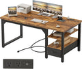 63" Computer Desk with Drawer, 1.2" Thick Reversible Office Desk | Modern Writing Table with Power Outlets & Storage Shelves, Heavy Duty Industrial Executive Desk for Home Bedroom Study Work