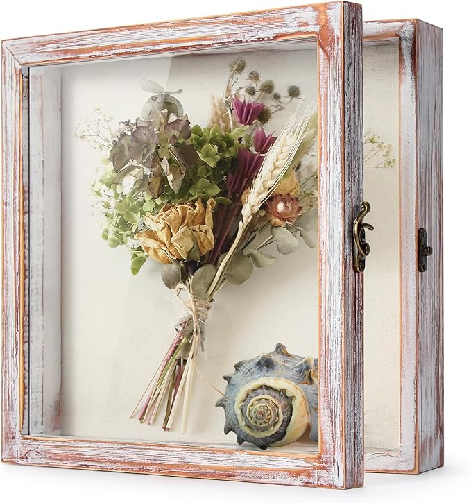 TJ.MOREE Shadow Box 12 x 12 Display Case Wood Picture Frame White Pink | Memory Box with Linen Back for Memorabilia, Bouquet, Military Medals, Pet Memorial Gifts