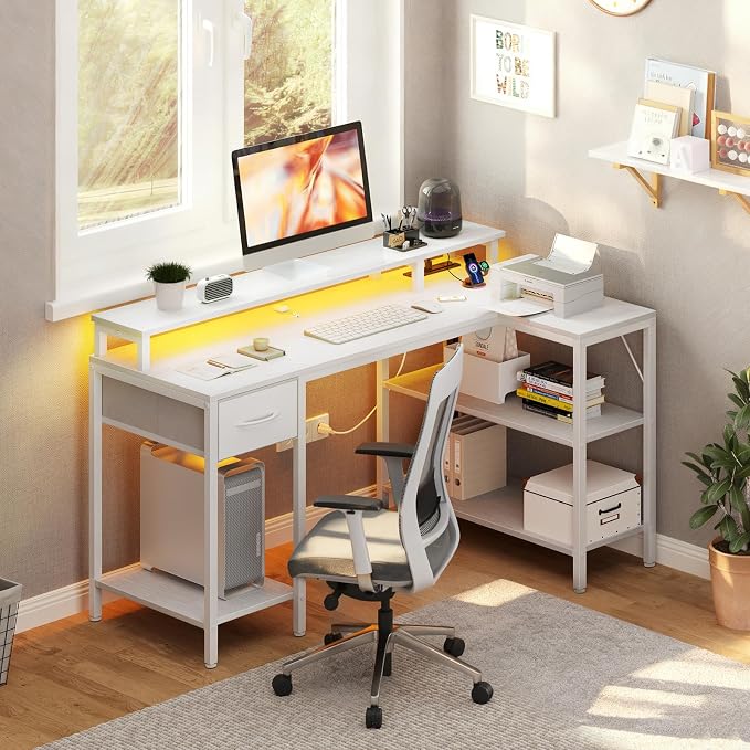 DUMOS 47 Inch Gaming Desk, Monitor Stand, LED Lights, Storage Shelves | USB Charging Ports, Power Outlets, Reversible L Shaped Corner, Small Spaces, White