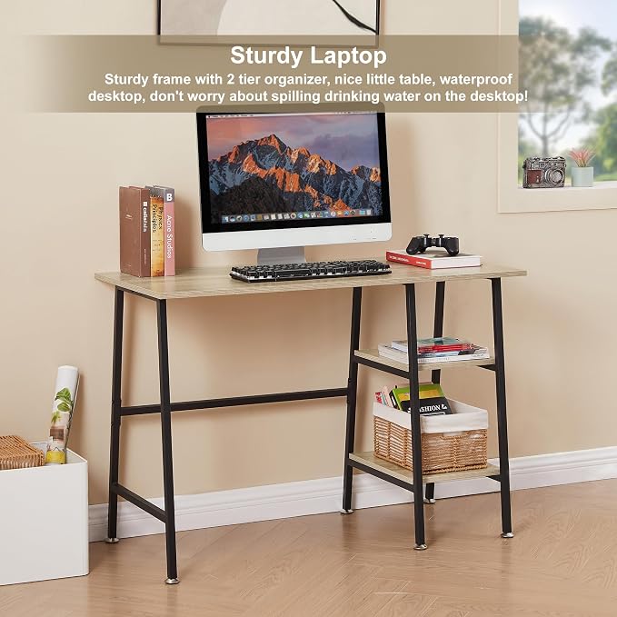VECELO 43.1 Inch Computer Desk Home Office Oak Study Desk Work Office Table with Shelves Wooden Desk for Bedroom