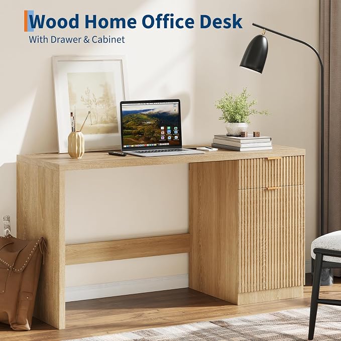 IDEALHOUSE Fluted Executive Desk with Drawers, 60" Modern Home Office Desk | with Storage Cabinet, Wood Fluted Computer Desks Workstation for Working, Studying, Writing, Natural Oak