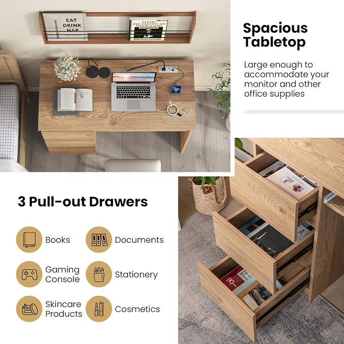 Tangkula Computer Desk with 3 Storage Drawers & Built-in Charging Station, Home Office Desk with Keyboard Tray, PC Desk Study Writing Desk, Vanity Table for Bedroom, Computer Workstation (Natural)