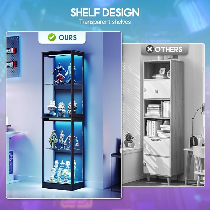 AMERLIFE 18-Inch RGB Open Display Cabine | 70 H x 18 W x 14 D In, 4-Tier Storage, Adjustable Shelves, RGB LED Lights, Open Design, Black