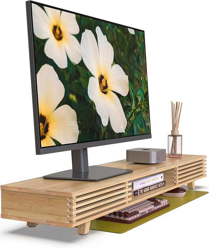 Bamboo 42” Dual Monitor Stand with Sliding Doors Desk Shelf | Ergonomic Relief Easy Assembly Solid Construction Cozy Workplace Computer Setup Desk Organizer High Load-bearing