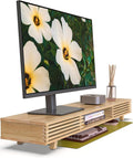 Bamboo 42” Dual Monitor Stand with Sliding Doors Desk Shelf | Ergonomic Relief Easy Assembly Solid Construction Cozy Workplace Computer Setup Desk Organizer High Load-bearing