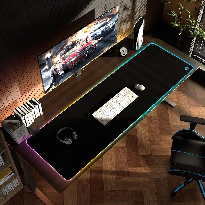 Cacoy 63"x20" Large RGB Gaming Mouse Pad, XXL LED Computer Mouse Mat, Black | Extended RGB Computer Mouse Mat 9 LED Light Modes Non-Slip Rubber Base Smooth Surface Durable Stitched Edge Keyboard Mousepad