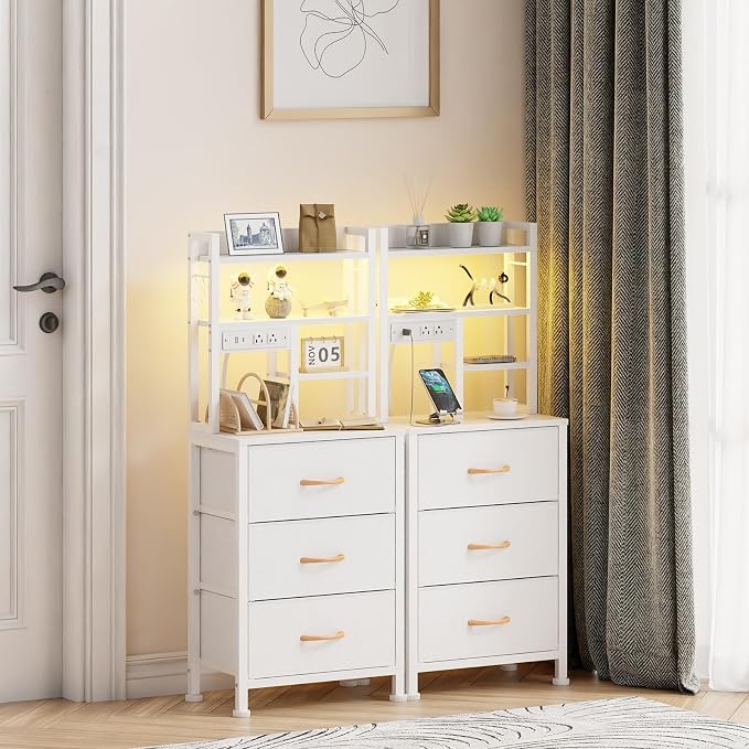 Tall Nightstand, White Night Stand & Bedside Table for Bedroom | LED Lights & USB Ports & type-C, 3 PVC Fabric Drawers and 4-Tier Storage Shelf, Bedside Table for Bedroom, Dorm
