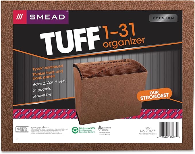 Smead TUFF Expanding File, Daily (1-31), 31 Pockets, Letter Size, Redrope-Printed Stock (70467)