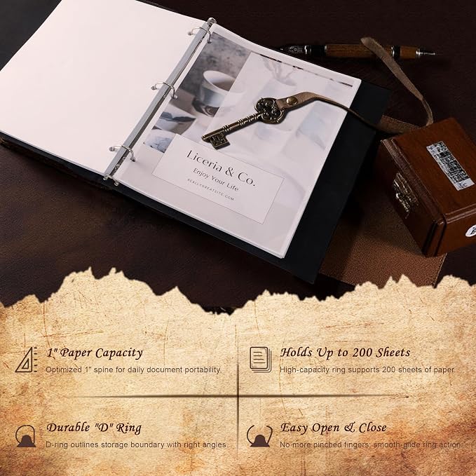 Ospelelf Vintage Leather 3 Ring Binder 1 Inch, Hardback D Ring Binder with Pockets and 5 Tab Dividers, Book Style Document Organizer Fits Letter Size Paper for Home and Office Green