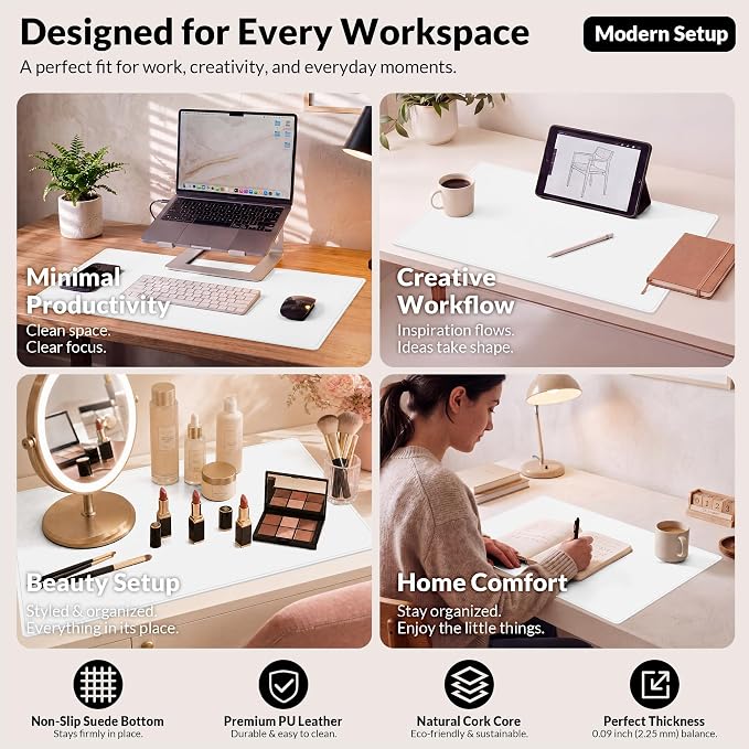 AFIING Cork Desk Mat, White, 31.5" x 17",Desk pad Protector | Dual-Sided Cork & PU Leather, Waterproof, Non-Slip, For Office & Gaming