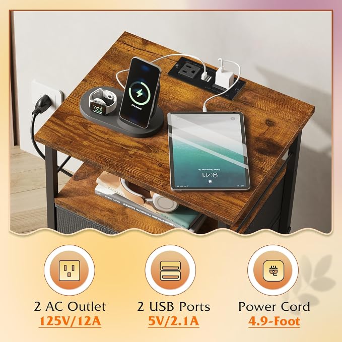 WLIVE Nightstand with Charging Station, Night Stand with 2 Fabric Drawers, Bedside Table, Small Dresser for Bedroom, Side Table with USB Ports and Outlets, Black and Rustic Brown