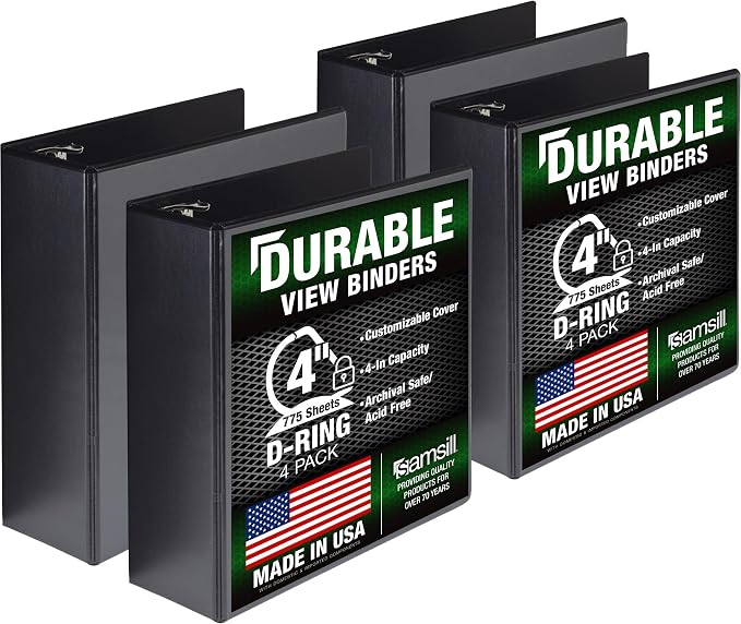 Samsill Durable 4 inch 3 Ring Binder, D Ring Binder, 100% Recycled Chipboard, Black, 4 Pack