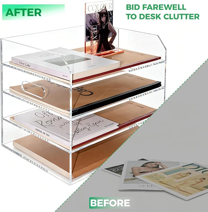 Paper Tray Organizer for Desk, 4 Tier Acrylic Desk Organizers and Accessories, One-Piece Integrated A4 Paper Organizer with Handles, Crystal-Clear Letter Tray & Office File Holder, Books Notes