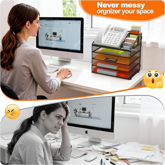 DocNest 5 Tier Metal Mesh Desk File Organizer with Phone Shelf, Black | Desktop letter tray sorter features a 9.1x9.1 inch top phone holder, built-in sticky note compartment and pen holder