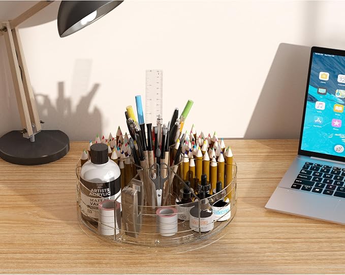CraftGenes 2 Packs Pen Organizer for Desk - Acrylic Pen Holder with Hand Grips, 360° Extra Large Rotating Desk Organizer with 7 Removable Compartments for Office, Home, and Makeup Storage