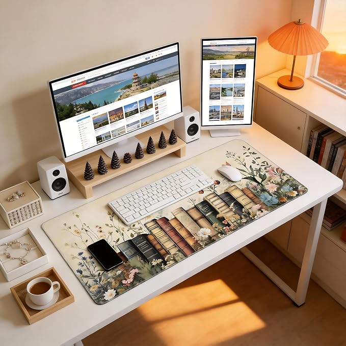 Floral Aesthetic Book Gaming Mouse Pad, Beige Vintage Botanical Desk Mat with Anti-Slip Base & Stitched Edges, Computer Keyboard & Laptop Pad, 35.4" x 15.7" in in Workstation Accessories