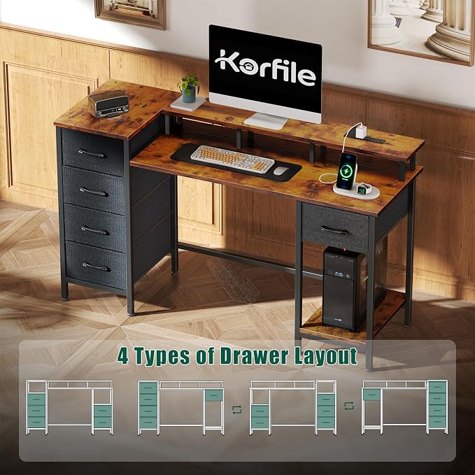 Korfile 47 Inch Computer Desk with Power Outlets,LED,5 Drawers,Rustic Brown | For gaming and working,built-in power outlets and LED lights, 5 fabric storage drawers, 47-inch, monitor stand,, rustic brown