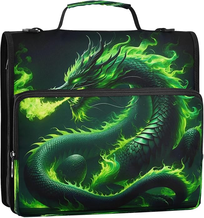 3 Ring Zipper Binder With Shoulder Strap Documents Storage Organizer Green Fire Dragon