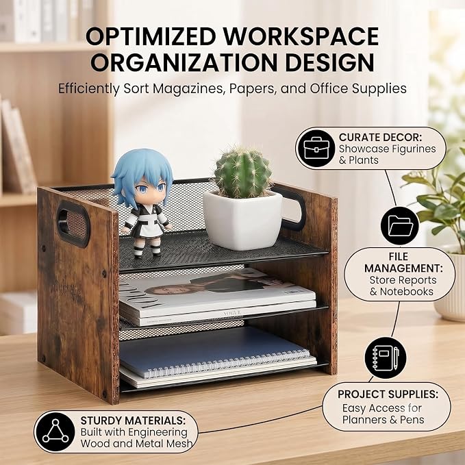 Desk Organizer - 3 Tier Wood & Metal Mesh Desktop Organizer for Office, Home, School, Workspace, Office Desk Organzier for Papers, Mail, Notebooks, Stationery