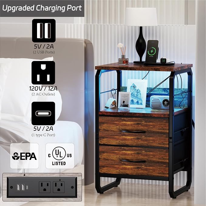 runjuly Small End Table with LED Light, Charging Station, and Hooks, Brown | 2 Fabric Drawers Storage, Type C & USB Ports & Power Outlets, Industrial Wood, Metal Nightstand for Living Room / Bedroom
