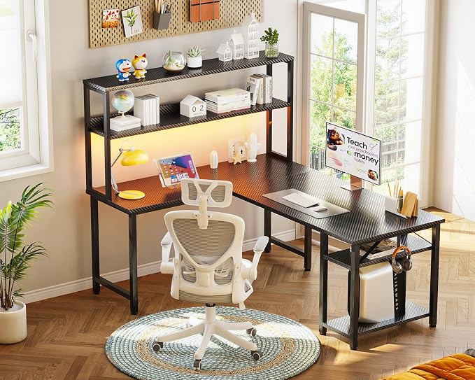 ODK 53 Inch L Shaped Gaming Desk with Hutch & Headphone Hook | Black Corner Computer Table with LED light & Storage Shelves for Home Office