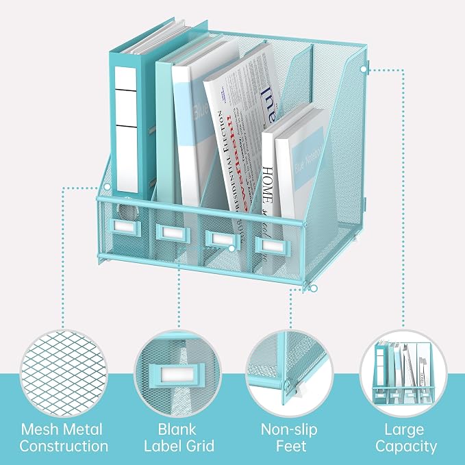 4-Compartment Magazine File Holder and File Organizer for Desk, Blue | Metal Magazine Holder and Magazine File Holder, 4-Compartment File Organizer for Binders Folders Magazines and Paper