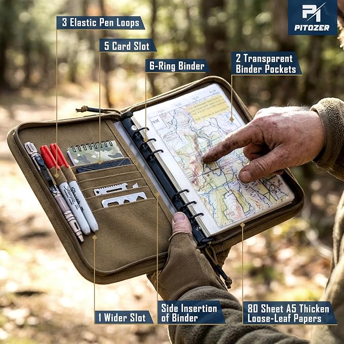 Molle Notebook Cover with Detachable A5 Clear Plastic 6-Ring Binder | 6.9x10" Zip Book Cover, 80 Refill Line Papers, 1“ O-Ring Padfolio binder, for Gift Planners Travel Feild Work School