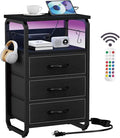 runjuly End Table with LED Light, Charging Station and Hooks, Modern Black | 3 Fabric Drawers Storage, Type C & USB Ports & Power Outlets, Industrial Style, Small Nightstand for Living Room / Bedroom