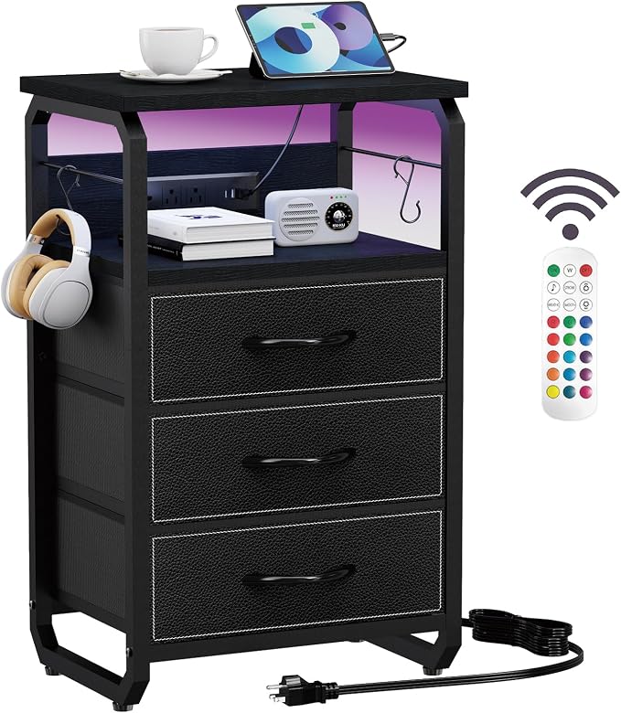 runjuly End Table with LED Light, Charging Station and Hooks, Modern Black | 3 Fabric Drawers Storage, Type C & USB Ports & Power Outlets, Industrial Style, Small Nightstand for Living Room / Bedroom