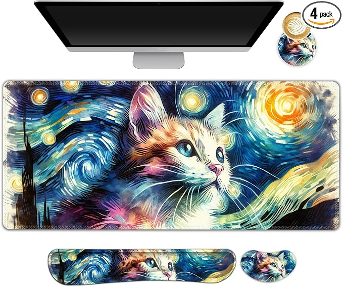 Large Gaming Mouse Pad Set, 4 in 1 Ergonomics Keyboard Desk Mat Memory Foam Wrist Rest, Computer PC Extended Game Mousepad, Non-Slip Desk Matt Easy Typing Pain Relief I Starry Night Art Cat