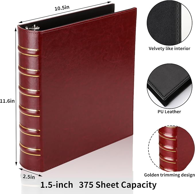 LETVPVOW Vintage Hardback 3 Ring Binder 1.5 Inch, Professional Leather Binder 3 Ring, Three Ring Binders Fits 8.5 x 11, D Ring Binders for Photo Album, Home, School and Office Supplies- Dark Red