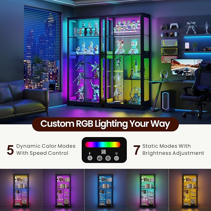 7-Tiers 71" Tall Display Cabinet with Glass Doors & Human Body Sensor-Black | 71inch Tall, 7+5 Color Lights, Fits Different Height Collectibles, Safety Lockable Keys, 4mm Thickened Glass, Easy Assembly