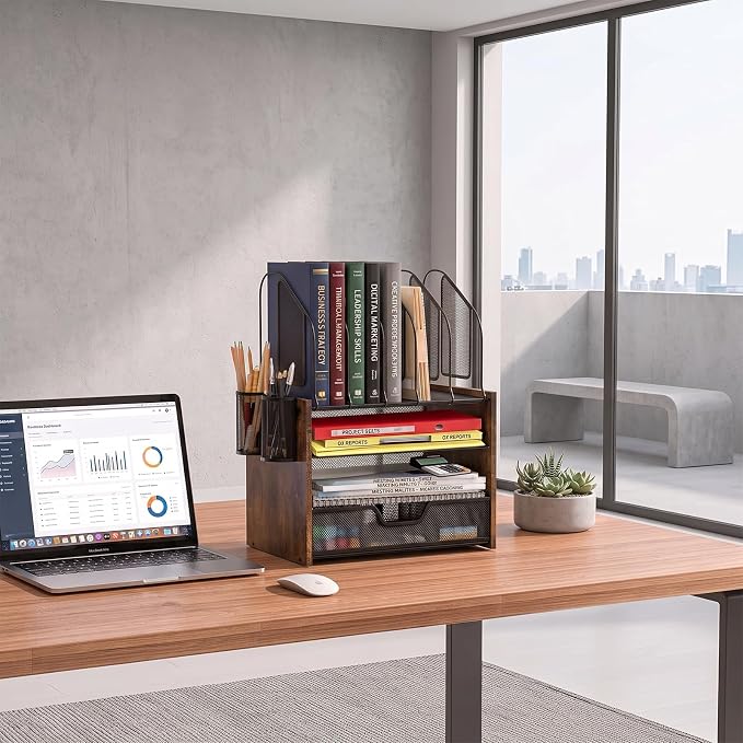 Wood Desk Organizer - 4-Tier Desktop File Organizer with Drawer, Wooden Paper Tray, Vertical File Holders & 2 Pencil Holders - Office Desk Organizer for Papers, Mail, Notebooks, Stationery