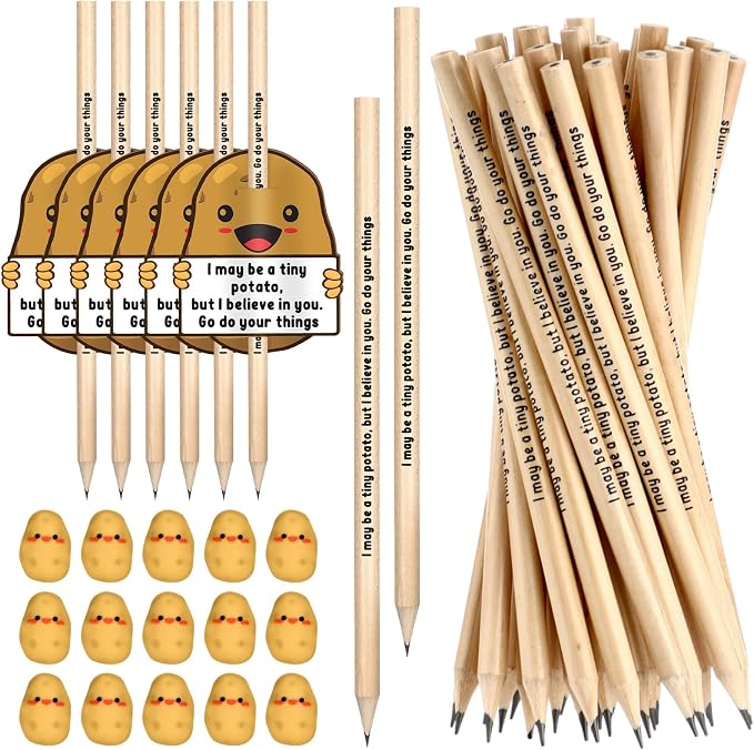Jetec 100 Sets Inspirational Potato Pencil with Erasers and Thank You Card