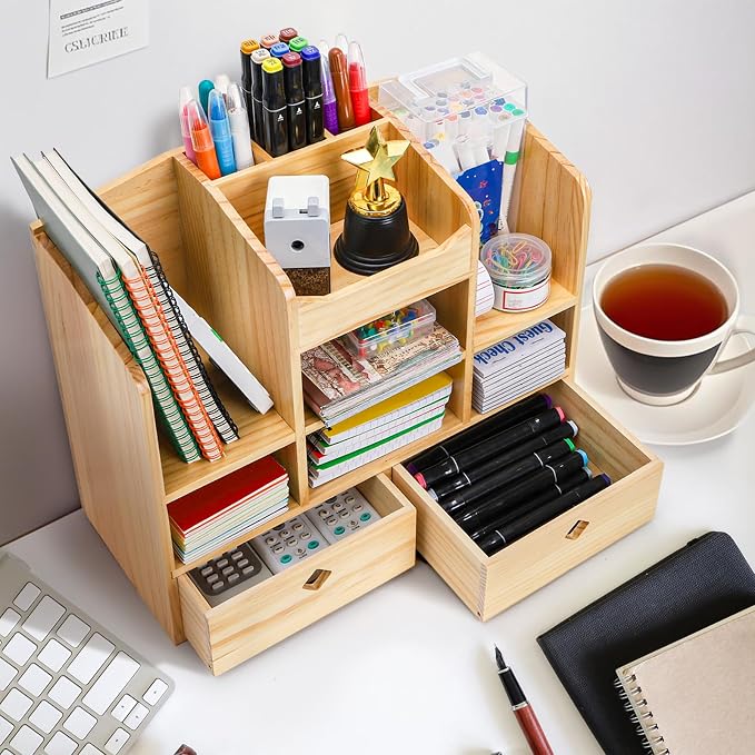 Wooden Desk Organizer with Drawers, 10 Compartments | Countertop Office Supplies Accessories Organization, Multifunctional Storage Box Makeup Storage Shelf Rack for Home, Office