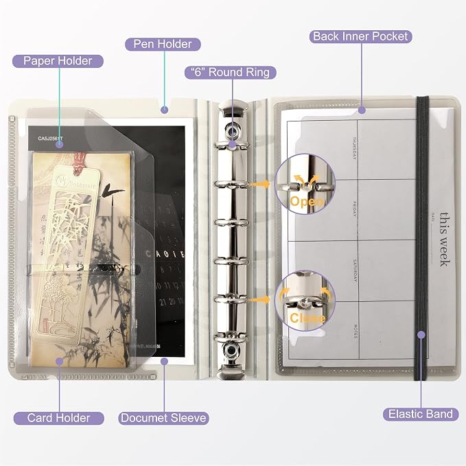 CAGIE A7 Binder 6 Ring Refillable Notebook with Dividers & Pockets | Hourly Planning Square Ruled and Dotted Pages, Refill Paper Included, 4.13 x 5.71 In (Purple, A7 Hourly & Dot Page)