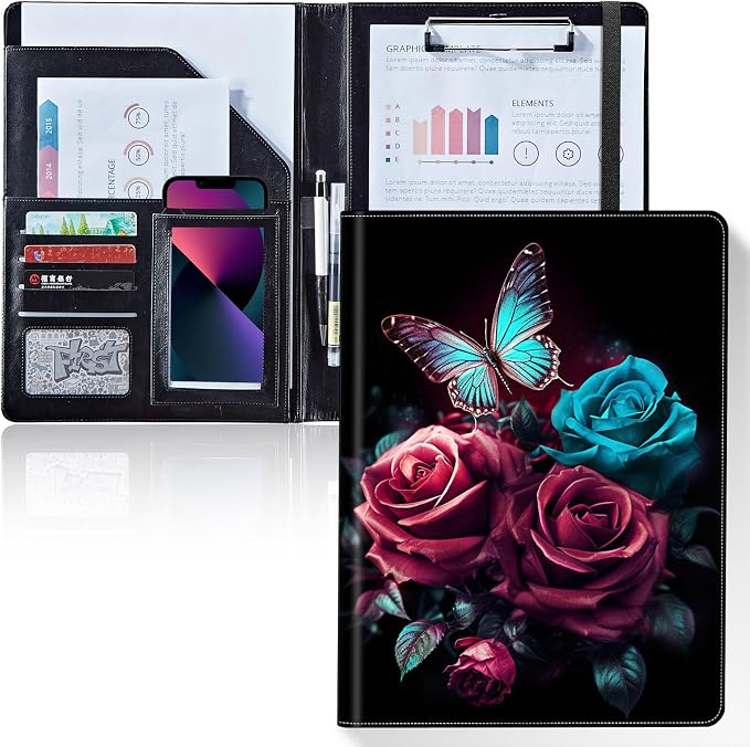 Padfolio/Portfolio Folder Clipboard,Padfolio Clipboard,Writing Portfolio Leather with Cover for Card Holder Slot Letter Size A4 for Office Conference Notepad Clip Boards,Roses Blue Butterfly