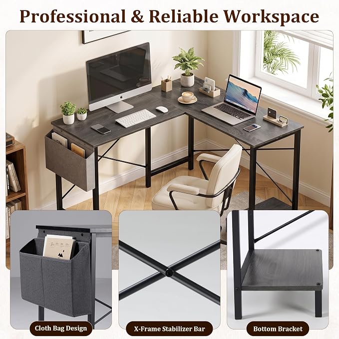 Alpen Gaming Desk, Home Office L Shaped Desk, Small Computer Corner PC Table with Side Bag and Reversible Shelf, Sturdy Writing Workstation for Bedroom, Living Room, Grey