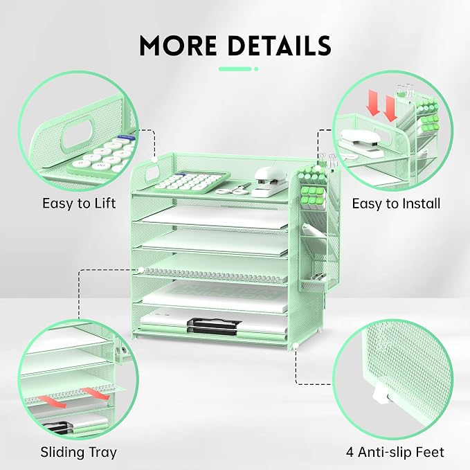 6 Tier Desk Organizer with 4 Pen Holders & Paper Trays Mint Green | 6 Tiers Paper Organizer, File Organizer Letter Tray with Handle for A4 Files, Folders, Mail and Office Supplies