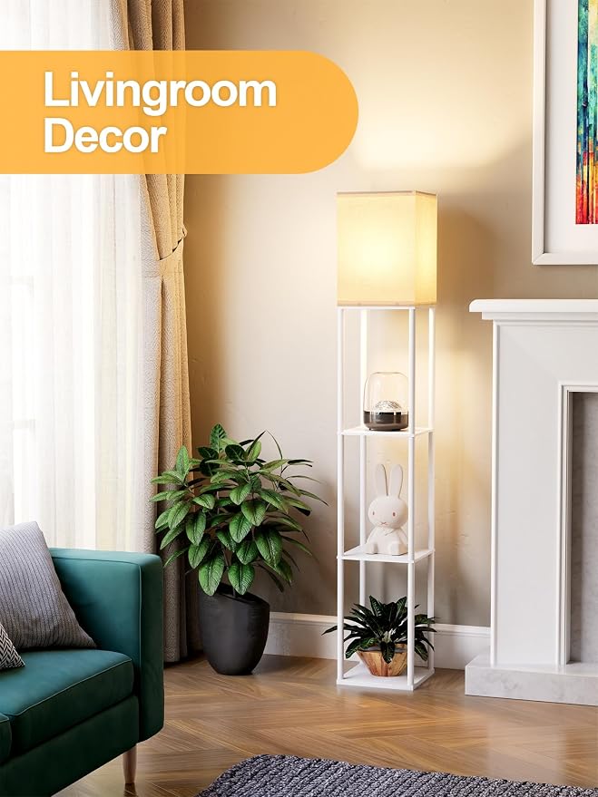 Floor Lamp with Shelves for Living Room 2 Pack, Shelf Floor Lamp with 3 CCT LED Bulb, Corner Display Standing Column Lamp Etagere Organizer Tower Nightstand with White Linen Shade for Bedroom, White