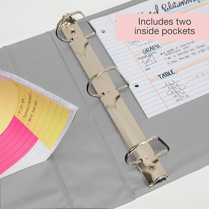 BAZIC Products 3" Grey 3-Ring View Binder, Slant-D Ring, 2 Pockets, 2-Pack | 2 inside pockets, 3 in Grey view 3-ring binder, slant-D rings, holds up to 600 sheets, Durable poly cover