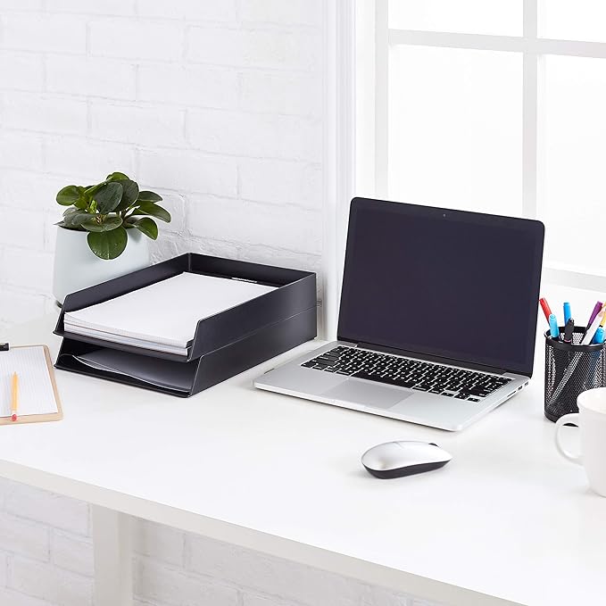 Amazon Basics Rectangular Plastic Desk Organizer, Letter Size Tray, 4-Pack, 9.7 x 2.2 x 13 inches, Black