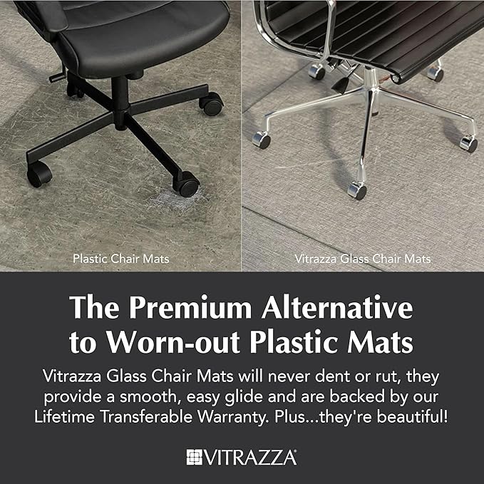 Vitrazza Glass Chair Mat 36” x 42” Superior ¼ Thick, Chiaro Standard Clear, Certified Tempered Safety Glass, Delivers a Smooth Glide, Protects Carpet or Wood, Beautiful in Home or Office.