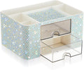 MotiMind Silver Bling Desk Organizer with 2 Drawer, Sparkly Makeup Organizer for Vanity, Girly Desk Accessories, Rhinestone Pen Holder, Elevate Your Workspace with Silver Serenity (Diamond)