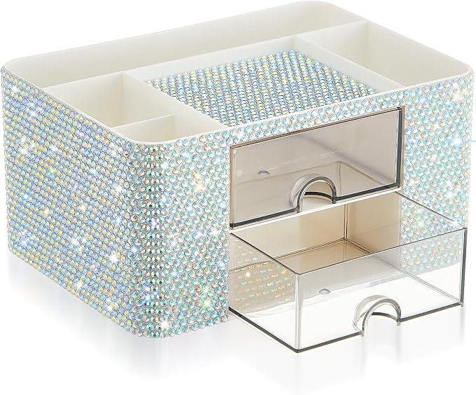 MotiMind Silver Bling Desk Organizer with 2 Drawer, Sparkly Makeup Organizer for Vanity, Girly Desk Accessories, Rhinestone Pen Holder, Elevate Your Workspace with Silver Serenity (Diamond)