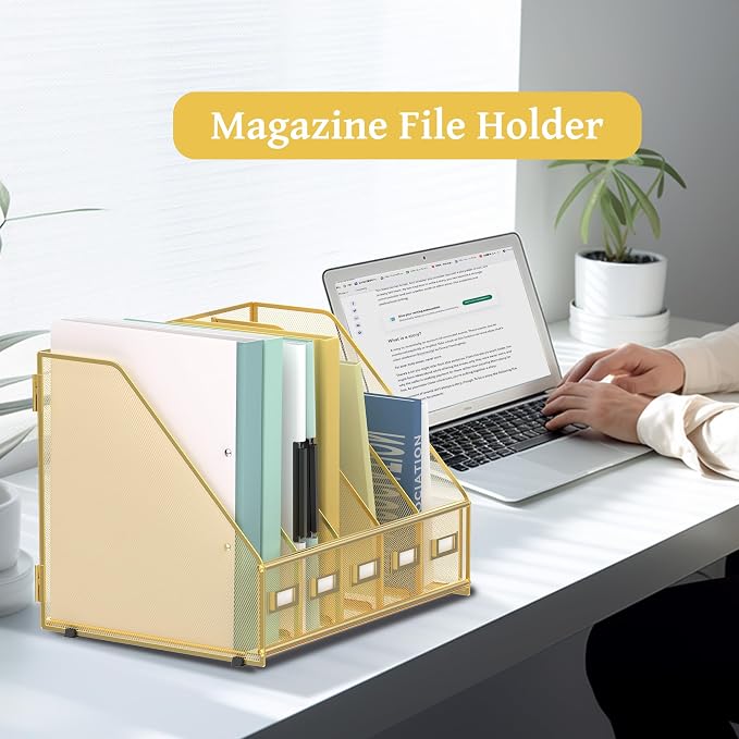 Desk Organizers Metal Desk Magazine File Holder with 5 Vertical Compartments Rack File Organizer for Office Desktop, Classroom, Home Workspace, Gold
