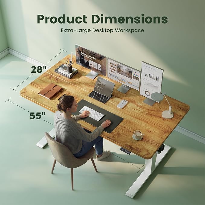 CubiCubi 55 x 28 Large Electric Standing Desk, Height Adjustable, Natural | 28" Deep Desktop, Sit Stand up Home Office Desk, Computer Workstations, Advanced Motor, High-Strength Frame, 176 lbs Capacity