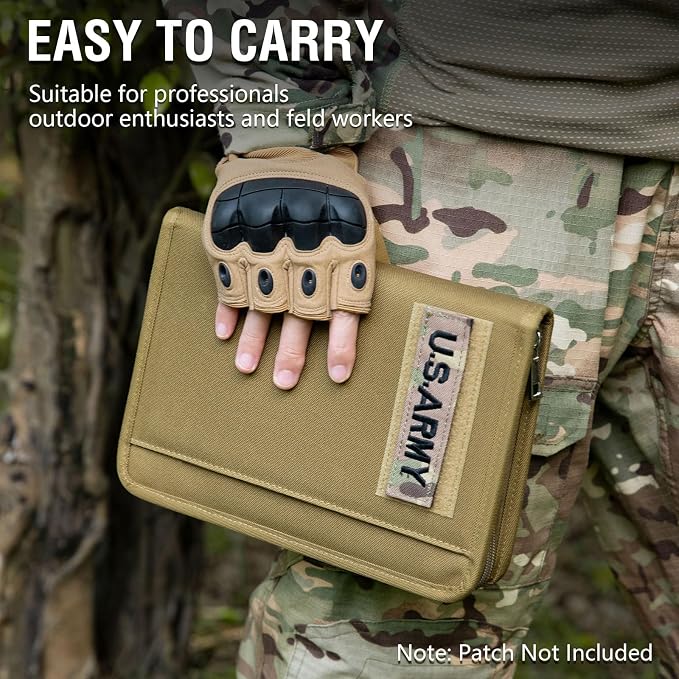 Kosibate Tactical Notebook Padfolio Ring Binder with 80 Sheets, Tactical Binder Zippered for Folders, Cards Refillable 6-Ring Notepad,Army Military Waterproof Notebook Cover(Khaki,7.3"x10.1")